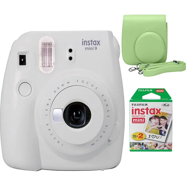 Fujifilm Instax Mini 9 Instant Film Camera - Smokey White - includes Bundle with Green Case and Twin Pack of Film
