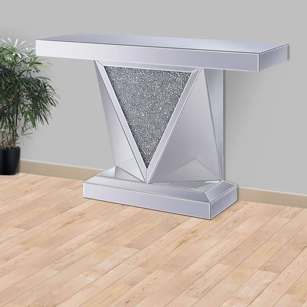 Benzara Wood and Mirror Console Table with Faux Crystals Inlay, Clear