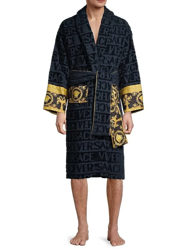 Versace Men's Logo Toweling Baroque Bathrobe - Blue - Size XL