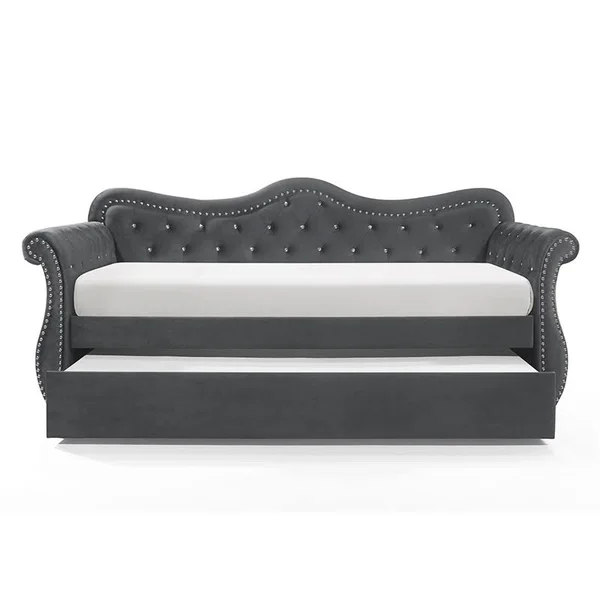 Galaxy Home Furnishings Galaxy Home Abby Upholstered Velvet Solid Wood Daybed with Trundle in Gray