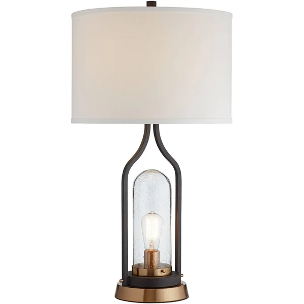 Franklin Iron Works Industrial Farmhouse Table Lamp with Nightlight LED Bronze Brass Seeded Clear Glass Drum Shade for Living Ro