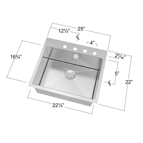 Transolid Diamond Dual Mount Stainless Steel 25 in. 2-Hole Single Bowl Kitchen Sink in Brushed