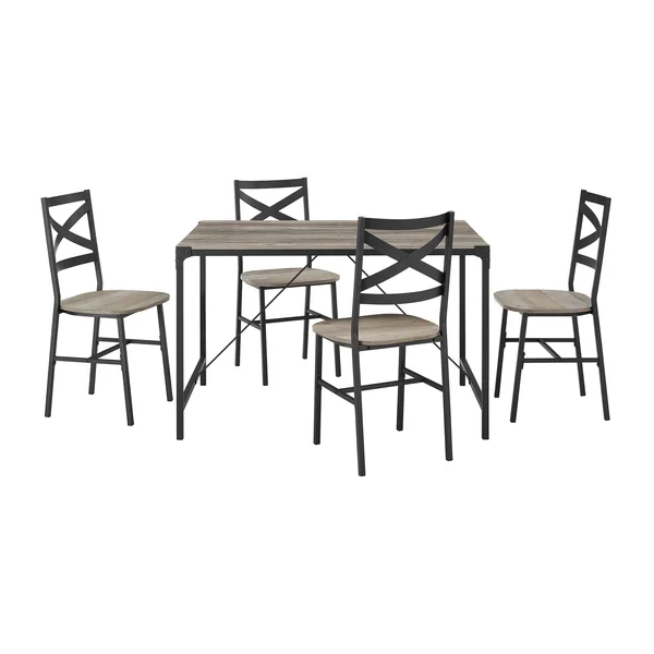 Walker Edison 5 Piece Rustic Angle Iron Dining Set Grey Wash