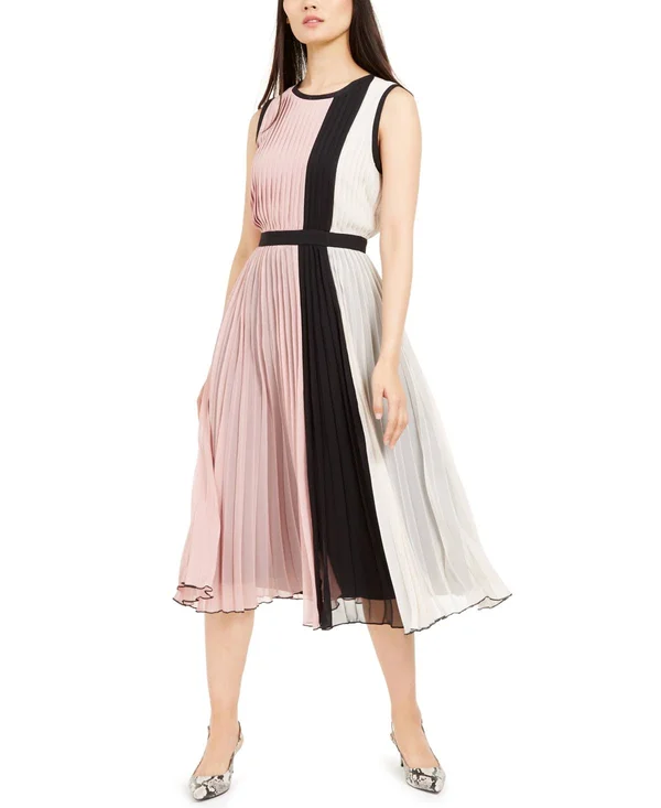 Alfani Colorblocked Pleated Sleeveless Dress - Created for Macy's - Pottery Clay