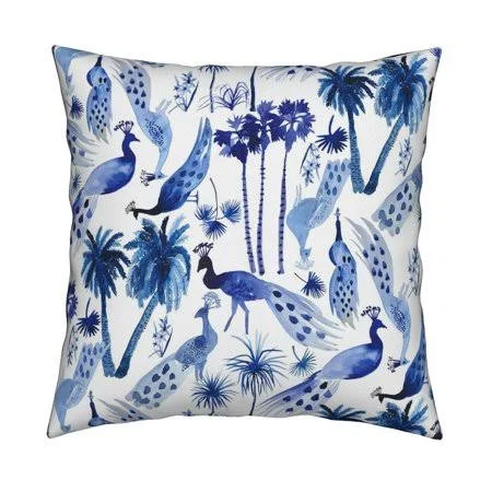 Peacock Indigo Blue Tropical Throw Pillow Cover W Optional Insert by Roostery, Size: Cu003E+ert Add