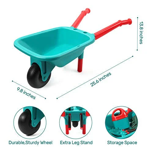Cute Stone Kids Gardening Tool Set - Garden Toys with Wheelbarrow, Watering Can, Gardening Gloves, Hand Rake, Shovel, Trowel, Dou