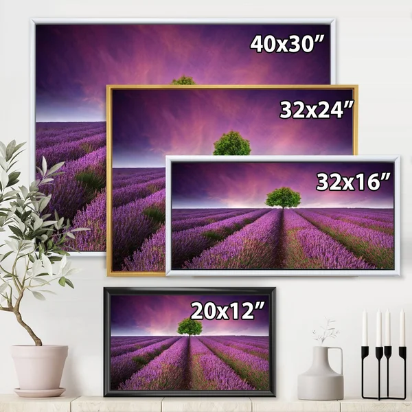 Designart &Stunning Lavender Field Summer Sunset with Tree& Farmhouse Framed Canvas Wall Art Print - 20 in. Wide x 12 in. High