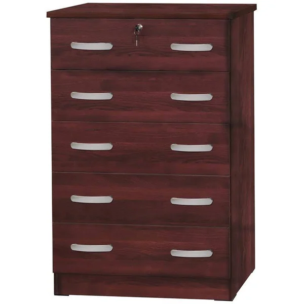 Better Home Products Cindy 5 Drawer Chest Wooden Dresser with Lock in Mahogany