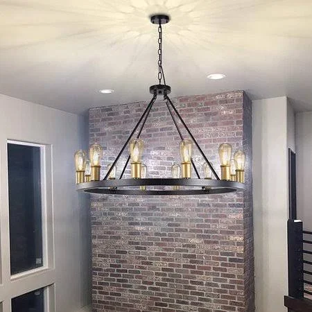 Wellmet Wagon Wheel Chandelier, 35'' Dia 12 Lights Rustic Matte Black Foyer Chandelier, Large Round Mordern Farmhouse Chandelier