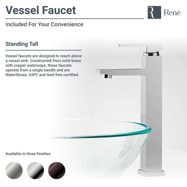 Rene R5-5008-R9-7003-C Foil Undertone Glass Vessel Sink with Chrome Vessel Faucet - Sink Ring, and Vessel Pop-Up Drain