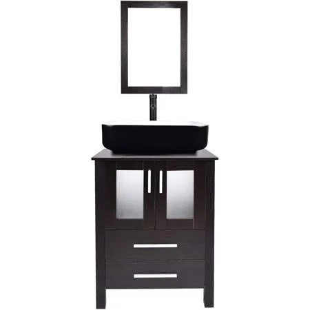 Elecwish 24 inch Modern Bathroom Vanity and Ceramic Sink Combo Lavatory Stand Cabinet Storage Wooden Black Espresso - Size: Large