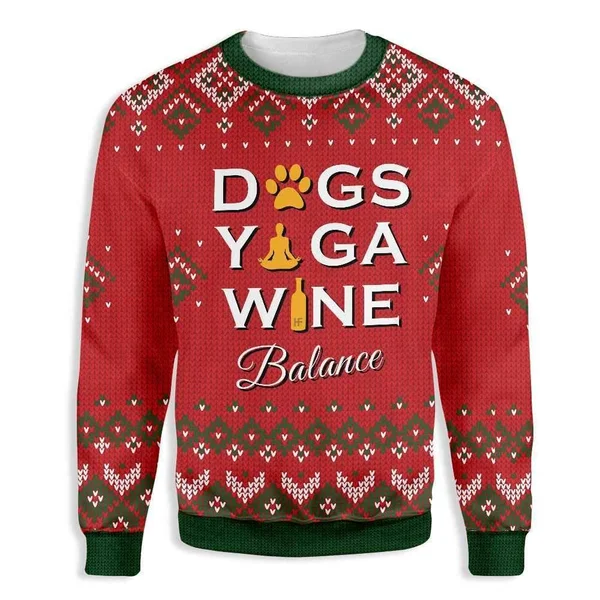 Sportyzen Dogs Yoga Wine Ugly Christmas Sweatshirt - L, All Print