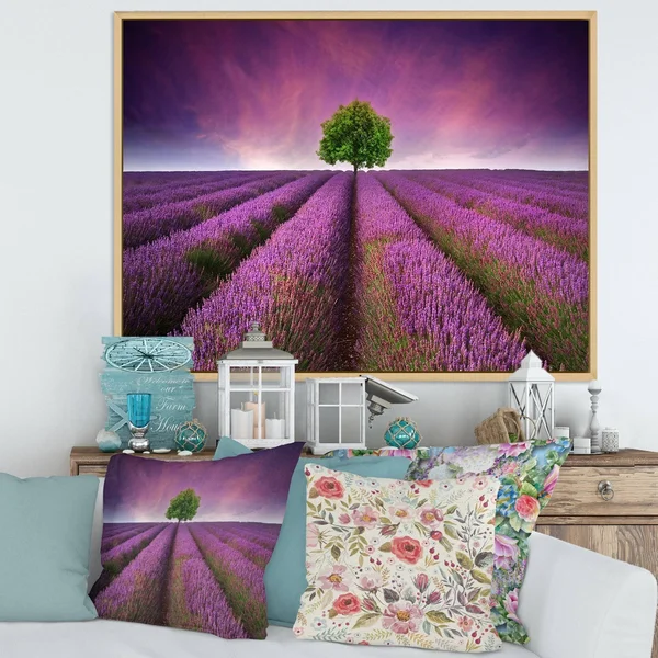 Designart &Stunning Lavender Field Summer Sunset with Tree& Farmhouse Framed Canvas Wall Art Print - 20 in. Wide x 12 in. High