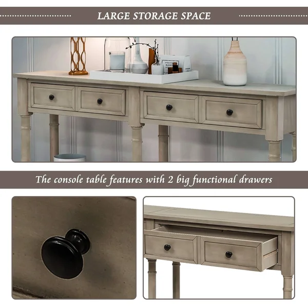 Grey Wash Entryway Console Table with 2 Drawers and Bottom Shelf - Wood