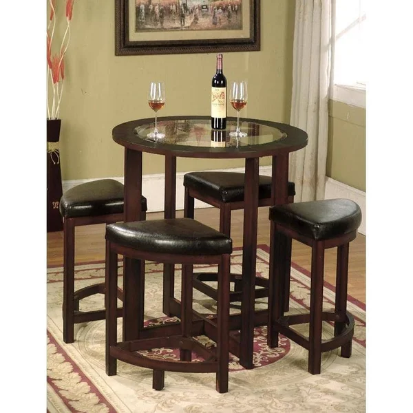 Roundhill Furniture Cylina Solid Wood Glass Top Round Counter Height Table with 4 Stools